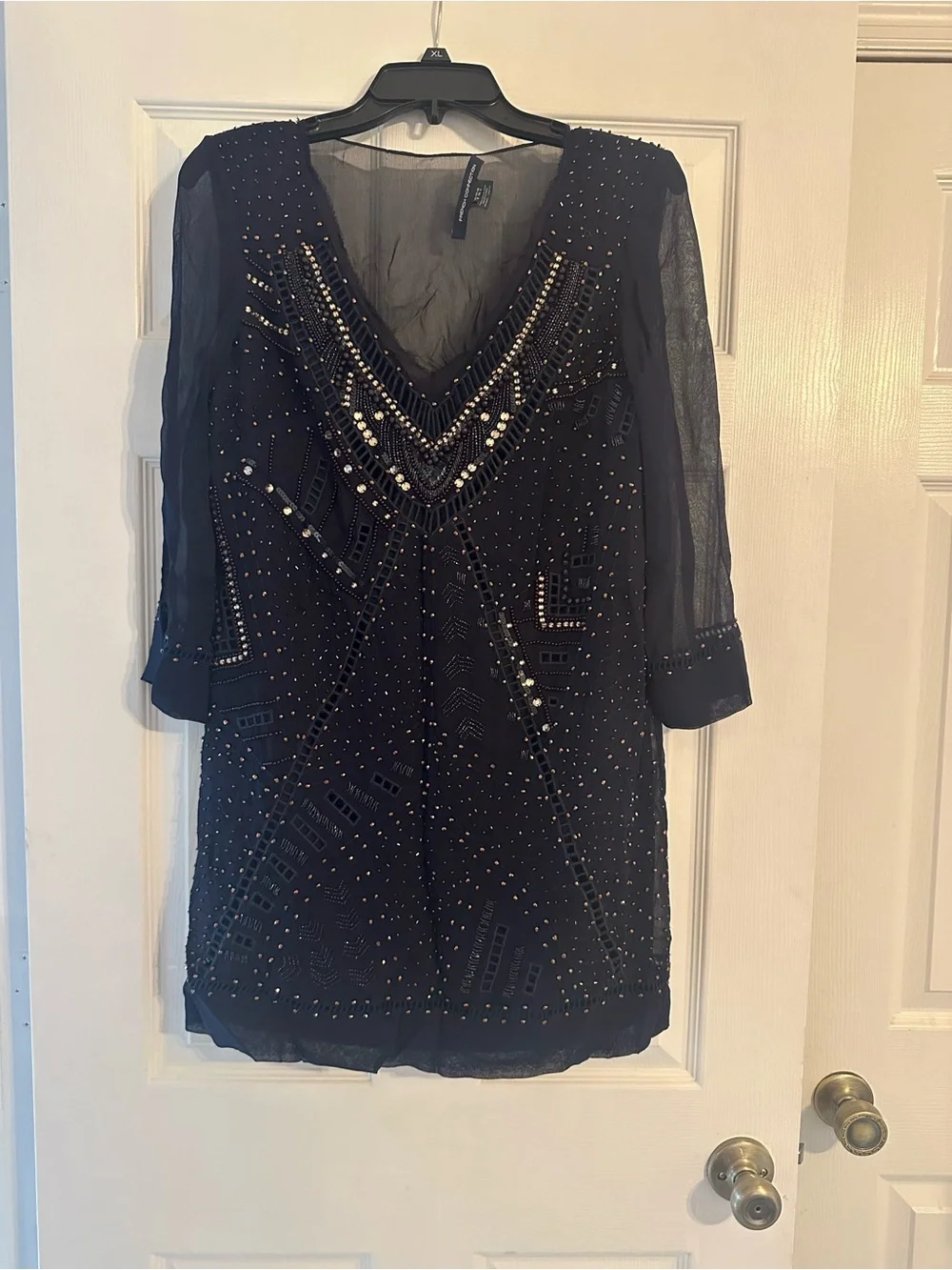 french connection beaded dress French Connection Beaded Grecian Style Dress Dark Grey Embroidered Size 2 New